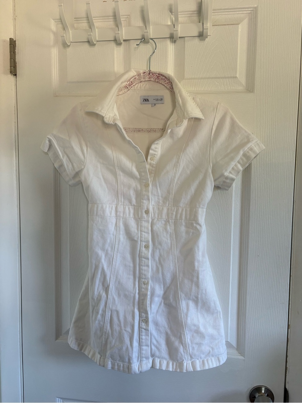 Zara White Short-Sleeve Button-Front denim dress